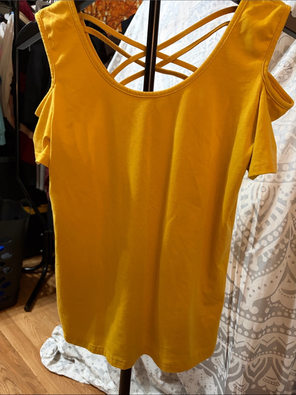 Mustard Yellow Cold-Shoulder Tank with Crisscross Back
